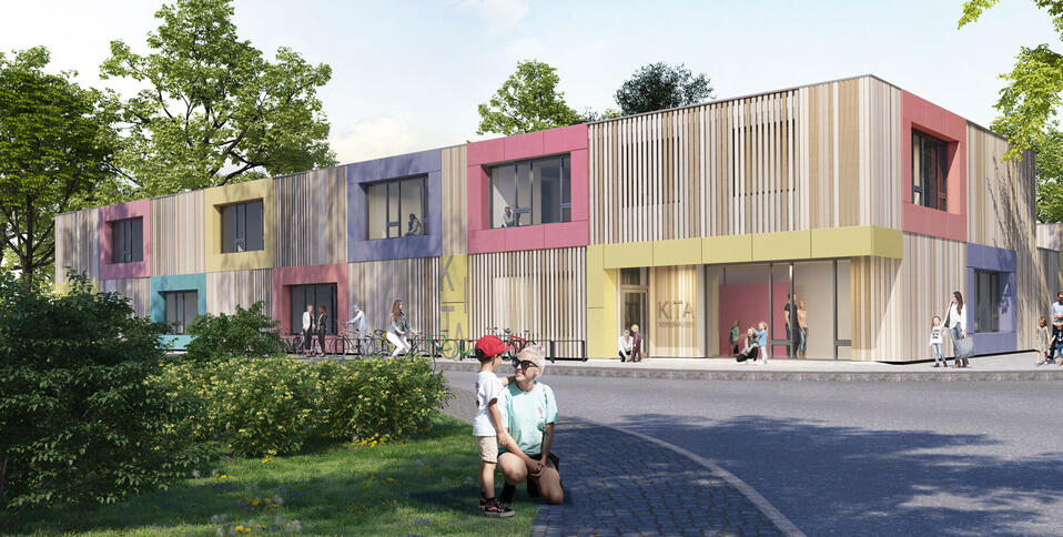 How the sustainably designed “physical education childcare facility” in the Nordshausen district of Kassel will look.
