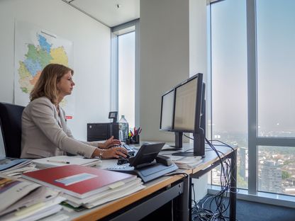 Im Büro eine Prognose zur Immobilienmarktentwicklung erstellen. Ulrike Bischoff recherchierend am PC im Büro des Kollegen Dr. Stefan Mitropoulos.